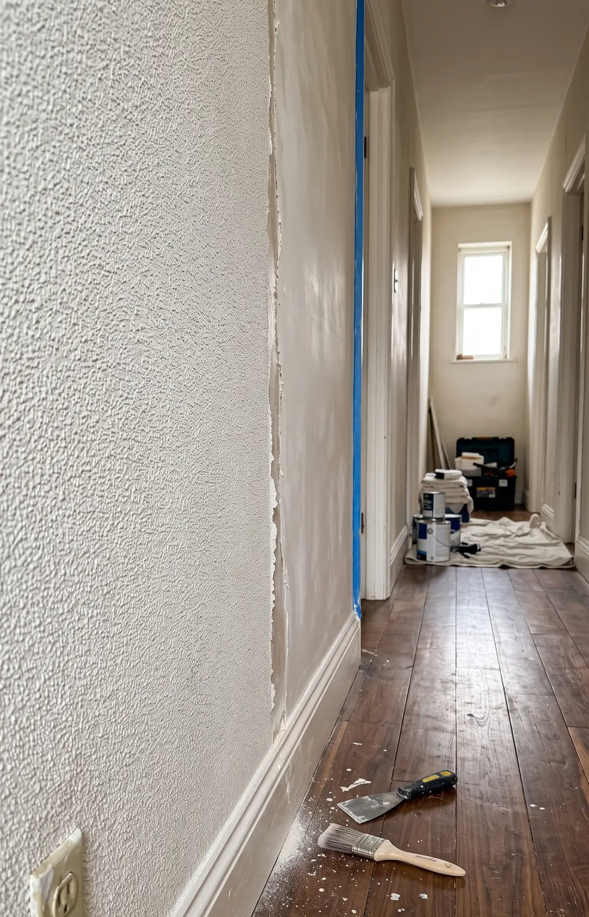 Pared de un pasillo a medio raspar: gotelé retirado y zona ya alisada